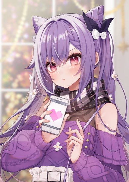 Anime picture 1186x1661 with genshin impact keqing (genshin impact) keqing (lantern rite) (genshin impact) ripu (sherypton) single long hair tall image fringe hair between eyes purple eyes twintails purple hair upper body hair bun (hair buns) official alternate costume :< girl heart mobile phone smartphone
