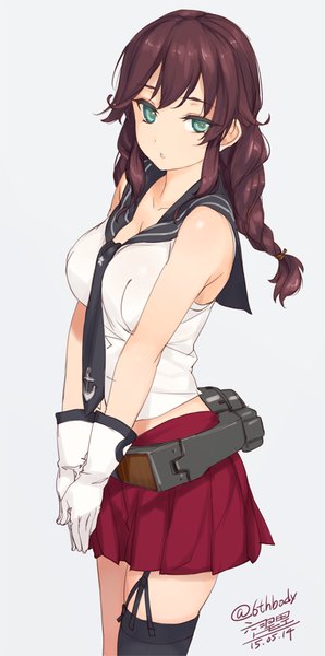 Anime picture 447x900 with kantai collection noshiro light cruiser rokuwata tomoe single long hair tall image looking at viewer fringe simple background brown hair bare shoulders green eyes signed braid (braids) pleated skirt grey background twin braids dated girl thighhighs