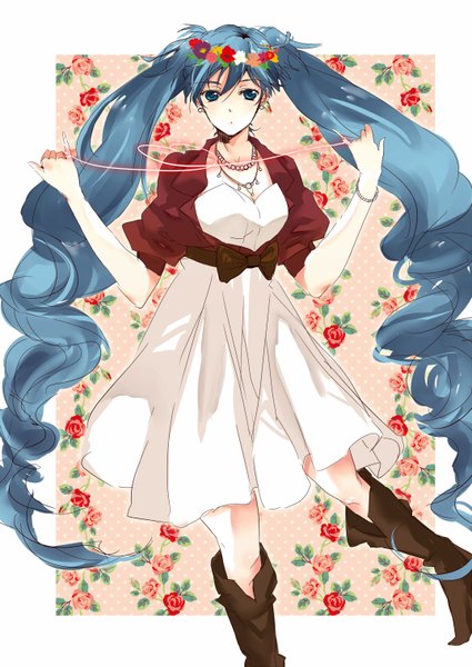 Anime picture 1074x1517 with vocaloid hatsune miku hatsuko single long hair tall image twintails aqua eyes aqua hair border wavy hair outside border heart of string girl dress flower (flowers) heart white dress thigh boots beads