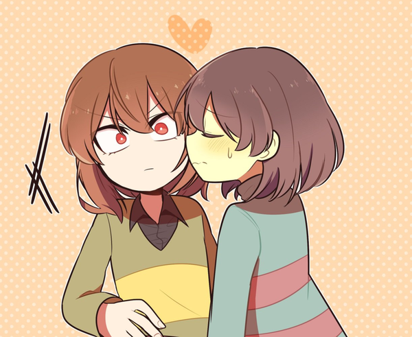 Anime picture 811x664 with undertale chara (undertale) frisk (undertale) katyouhuuget looking at viewer blush fringe short hair black hair simple background hair between eyes red eyes brown hair standing upper body eyes closed profile embarrassed sweatdrop striped