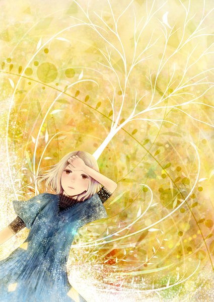 Anime picture 1133x1600 with original bounin single tall image short hair blonde hair brown eyes lying yellow background girl plant (plants) tree (trees)