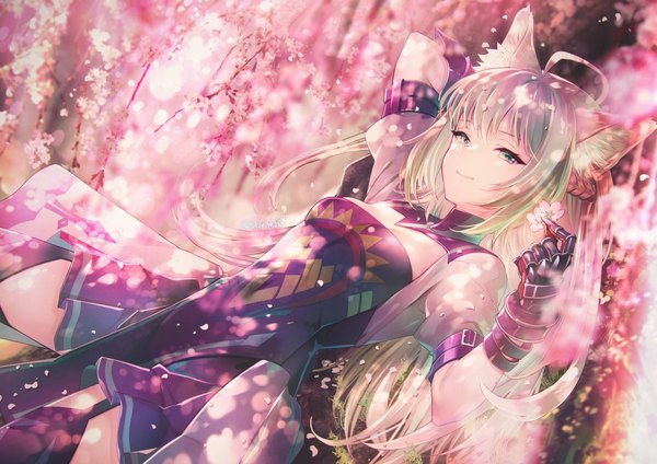 Anime picture 1131x800 with fate (series) fate/grand order fate/apocrypha atalanta (fate) miyuki ruria single long hair looking at viewer breasts blonde hair standing holding green eyes signed animal ears payot ahoge outdoors braid (braids) multicolored hair