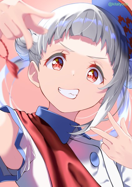 Anime picture 666x941 with hello!!! love live! sunrise (studio) love live! arashi chisato kitatyoco single long hair tall image looking at viewer simple background smile red eyes signed silver hair upper body hair bun (hair buns) twitter username grin victory pink background