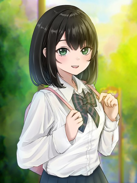 Anime picture 1800x2400 with original lilii single tall image looking at viewer highres short hair open mouth black hair green eyes upper body outdoors :d blurry girl uniform school uniform shirt white shirt bowtie
