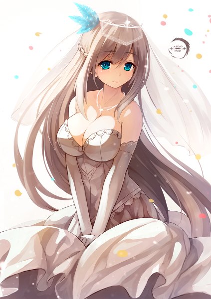 Anime picture 846x1200 with warship girls r xiaoyin li single long hair tall image breasts blue eyes light erotic large breasts cleavage grey hair girl dress gloves elbow gloves white gloves wedding dress