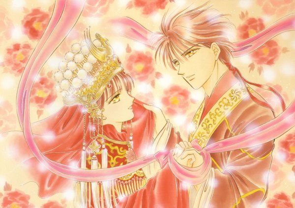 Anime picture 5000x3532 with fushigi yuugi yuuki miaka tamahome watase yuu (artist) long hair highres smile brown hair yellow eyes absurdres red hair traditional clothes wind couple holding hands eye contact girl boy hair ornament flower (flowers)