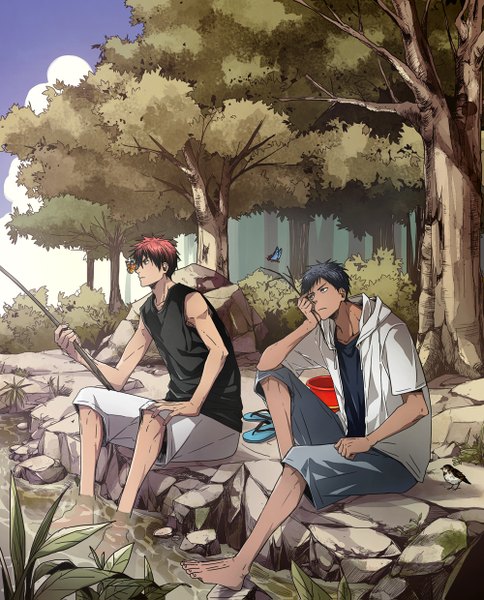 Anime picture 1000x1239 with kuroko no basket production i.g aomine daiki kagami taiga kuehsy tall image short hair sitting holding blue hair looking away sky cloud (clouds) bent knee (knees) red hair barefoot multiple boys alternate costume dark skin muscle