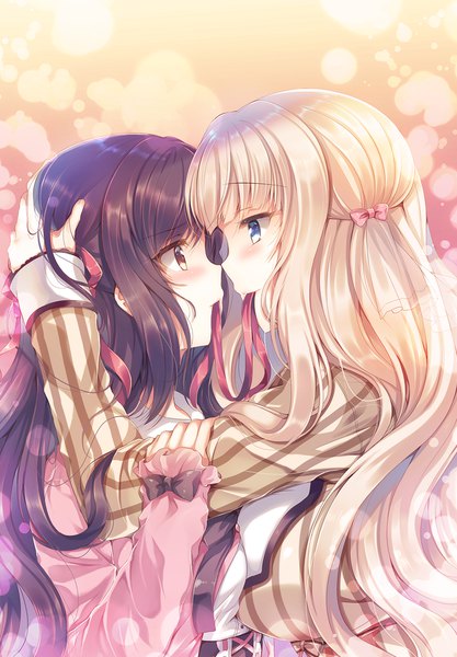Anime picture 800x1150 with original suzunone rena long hair tall image blush fringe blue eyes blonde hair brown hair multiple girls holding brown eyes hug mouth hold shoujo ai face to face eye contact hand on another's head girl ribbon (ribbons)
