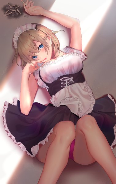 Anime picture 2215x3508 with original inushima single tall image looking at viewer blush fringe highres short hair breasts blue eyes light erotic simple background blonde hair hair between eyes large breasts bent knee (knees) lying nail polish head tilt