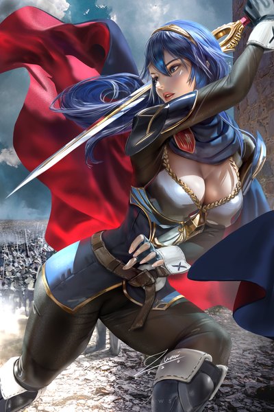 Anime picture 2339x3508 with fire emblem fire emblem awakening nintendo lucina (fire emblem) zumi (zumidraws) long hair tall image blush fringe highres breasts blue eyes light erotic hair between eyes large breasts standing holding signed blue hair looking away