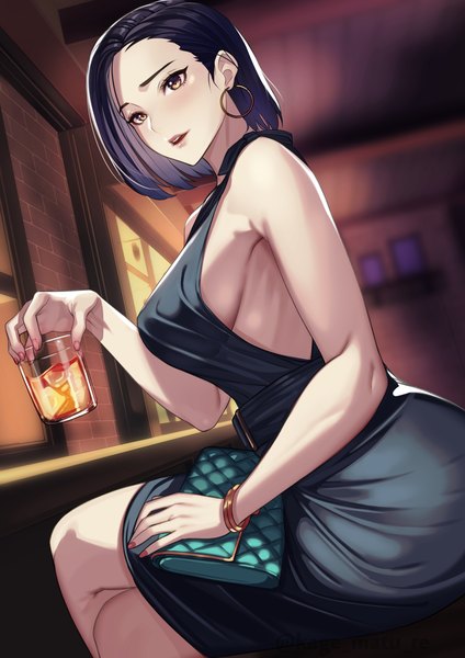 Anime-Bild 2026x2865 mit original kagematsuri single tall image looking at viewer highres short hair breasts open mouth light erotic black hair large breasts sitting bare shoulders holding brown eyes indoors blurry sleeveless crossed legs
