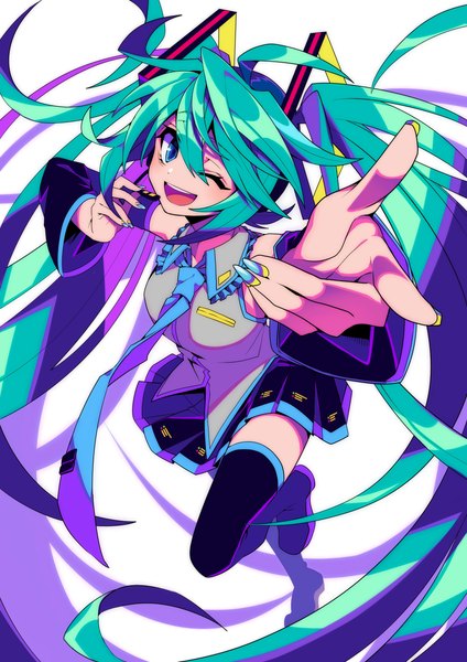 Anime-Bild 2894x4093 mit vocaloid hatsune miku kamenozoki momomo single tall image looking at viewer fringe highres open mouth blue eyes simple background hair between eyes white background twintails ahoge very long hair nail polish pleated skirt one eye closed fingernails