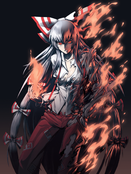 Anime picture 968x1281 with touhou fujiwara no mokou mazeran single long hair tall image looking at viewer breasts simple background red eyes standing silver hair very long hair torn clothes smoke girl navel bow hair bow shirt