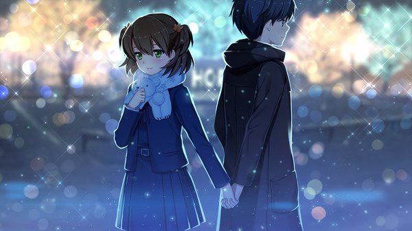 Anime picture 1280x720 with gin'iro haruka tagme (character) nashiro momiji blush short hair black hair brown hair wide image brown eyes green eyes game cg two side up couple holding hands girl boy scarf coat