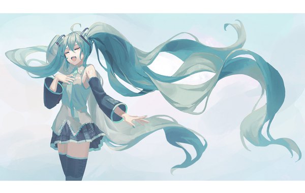 Anime picture 2500x1587 with vocaloid hatsune miku nekoreito single highres open mouth simple background standing twintails ahoge eyes closed very long hair nail polish pleated skirt aqua hair floating hair hand on chest letterboxed singing girl