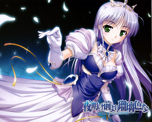Anime picture 1280x1024 with yoake mae yori ruri iro na august soft feena fam earthlight single long hair looking at viewer fringe breasts simple background smile green eyes cleavage purple hair ahoge wind short sleeves wallpaper puffy sleeves girl dress