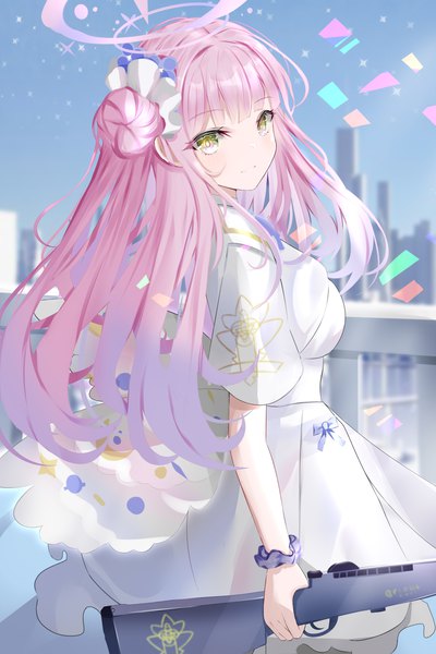 Anime picture 1000x1499 with blue archive mika (blue archive) un uk single long hair tall image looking at viewer smile holding yellow eyes pink hair outdoors hair bun (hair buns) turning head girl dress weapon white dress gun halo