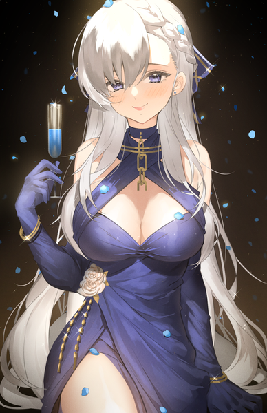 Anime picture 1200x1855 with azur lane belfast (azur lane) belfast (the noble attendant) (azur lane) ran s200 single long hair tall image looking at viewer blush fringe breasts light erotic simple background smile hair between eyes large breasts standing purple eyes bare shoulders holding