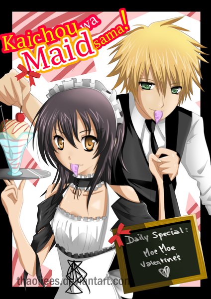 Anime picture 2480x3508 with kaichou wa maid-sama! ayuzawa misaki takumi usui thaoiiees long hair tall image looking at viewer highres short hair black hair simple background blonde hair smile bare shoulders brown eyes green eyes inscription maid couple valentine