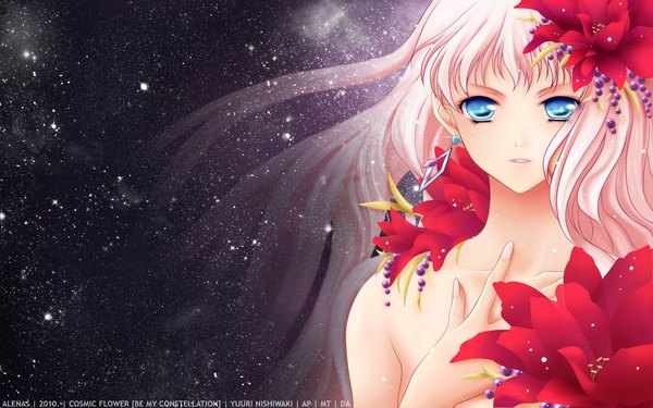 Anime picture 1920x1200 with macross macross frontier sheryl nome yuuri nishiwaki (artist) single long hair looking at viewer highres open mouth blue eyes light erotic wide image pink hair wallpaper girl flower (flowers) earrings star (stars)