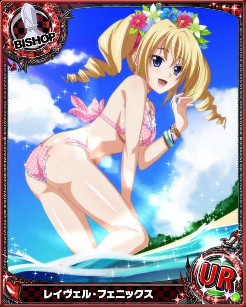 Anime picture 640x800 with highschool dxd ravel phenex single long hair tall image blush open mouth blue eyes light erotic blonde hair twintails sky cloud (clouds) hair flower torn clothes drill hair card (medium) girl flower (flowers) swimsuit