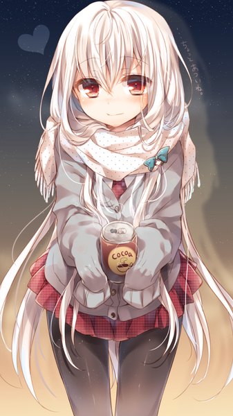 Anime picture 490x870 with original kasako (kasu) komeshiro kasu single tall image fringe short hair smile red eyes standing holding white hair long sleeves pleated skirt exhalation girl skirt pantyhose heart scarf