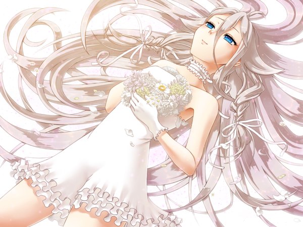 Anime-Bild 4000x3000 mit vocaloid ia (vocaloid) nonaka hako long hair highres blue eyes white background absurdres white hair braid (braids) twin braids girl dress gloves flower (flowers) petals