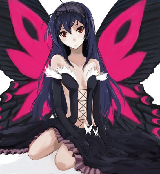 Anime picture 1287x1400 with accel world sunrise (studio) kuroyukihime single long hair tall image looking at viewer fringe breasts simple background white background bare shoulders brown eyes purple hair insect wings butterfly wings girl dress gloves navel
