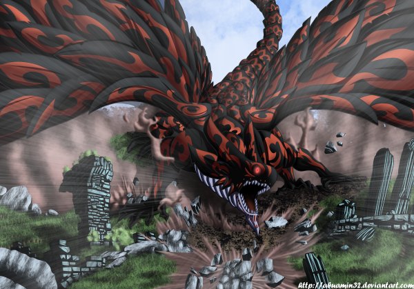 Anime picture 1200x838 with fairy tail acnologia abuamin32 open mouth red eyes sky tail teeth coloring glowing smoke glowing eye (eyes) sharp teeth ruins animal wings dragon stone (stones)