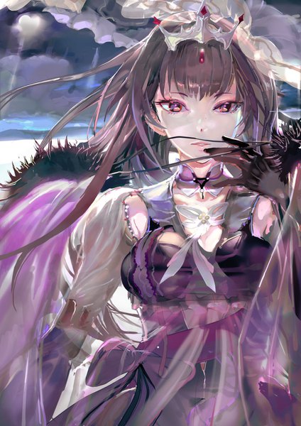 Anime picture 905x1280 with fate (series) fate/grand order scathach (fate) (all) scathach skadi (fate) 119 single long hair tall image looking at viewer fringe breasts standing purple eyes sky purple hair cloud (clouds) upper body outdoors parted lips wind