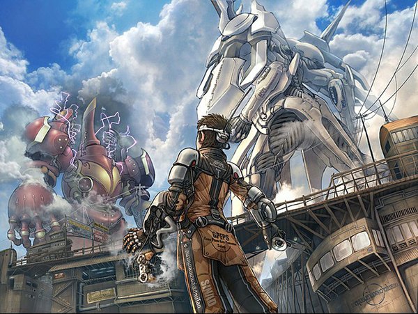 Anime picture 1024x771 with sinad aruatjanapat short hair brown hair cloud (clouds) from behind electricity boy suit wire (wires) pilot suit robot mecha