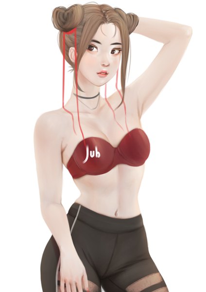 Anime-Bild 1920x2716 mit original lyn (jubi) jubi (regiana) single tall image looking at viewer highres short hair light erotic brown hair white background brown eyes signed payot parted lips arm up realistic armpit (armpits) hair bun (hair buns) hairdressing