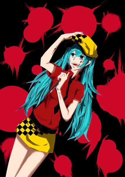 Anime picture 2480x3507 with vocaloid hatsune miku tagme (artist) single long hair tall image highres smile twintails aqua eyes aqua hair black background girl skirt necktie blood knife flat cap