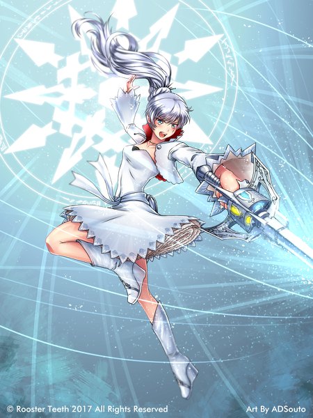 Anime picture 900x1200 with rwby rooster teeth weiss schnee adsouto single long hair tall image blush fringe breasts open mouth blue eyes hair between eyes signed cleavage silver hair full body bent knee (knees) ponytail open jacket