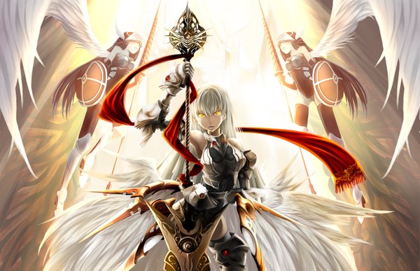 Anime picture 2866x1853 with lord of vermilion valkyrie (lord of vermilion) xuemi long hair looking at viewer highres open mouth black hair blonde hair bare shoulders multiple girls yellow eyes white hair sunlight angel wings angel girl weapon sword wings