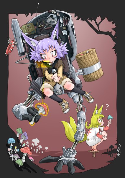 Anime picture 2894x4093 with original kogitsune (doitsuken) noroiken (doitsuken) doitsuken tall image highres short hair blonde hair red eyes sitting multiple girls animal ears yellow eyes purple hair tail parted lips animal tail profile fox ears fox tail