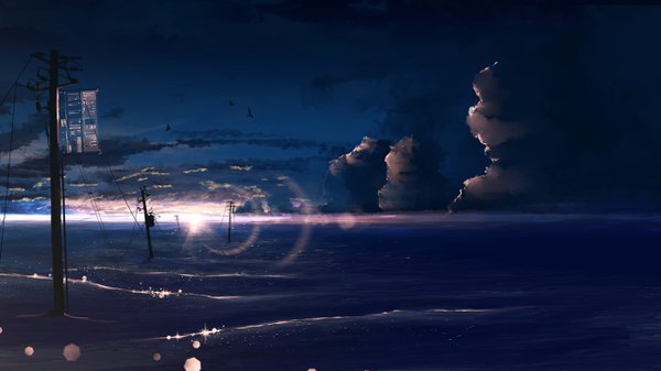 イラスト 2560x1440 と オリジナル y y (ysk ygc) highres wide image 空 cloud (clouds) 壁紙 lens flare evening sunset horizon no people 動物 鳥 送電線