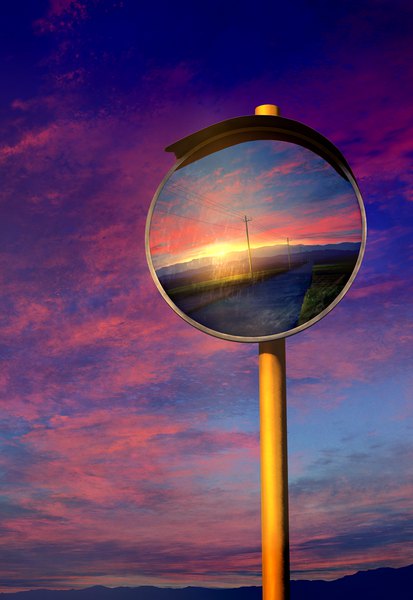 Anime picture 1042x1514 with original mks tall image sky cloud (clouds) evening reflection sunset mountain no people scenic mirror power lines road pole traffic mirror