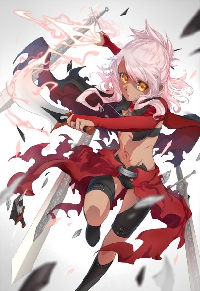Anime picture 825x1200 with fate (series) fate/kaleid liner prisma illya type-moon kuro (fate/kaleid liner) cookie ex (artist) single long hair tall image looking at viewer light erotic holding pink hair long sleeves open clothes bare belly orange eyes tattoo torn clothes dark skin groin