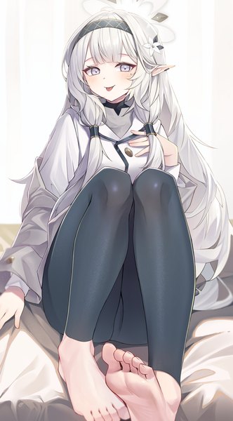 Anime picture 2542x4592 with blue archive himari (blue archive) netisz single long hair tall image looking at viewer fringe highres light erotic sitting silver hair blunt bangs barefoot pointy ears mole mole under eye silver eyes girl hairband