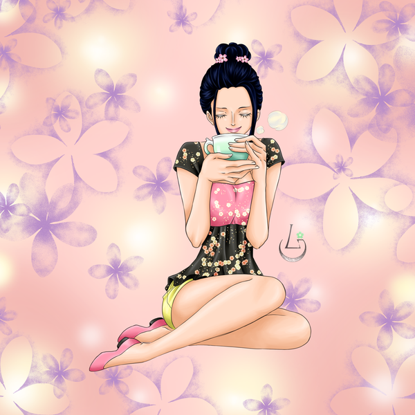 Anime picture 4724x4724 with one piece toei animation nico robin ludovica single highres short hair black hair simple background smile sitting holding signed absurdres full body eyes closed hair flower lips short sleeves hair bun (hair buns)