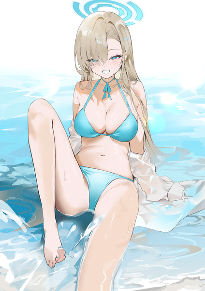 Anime picture 3307x4678 with blue archive asuna (blue archive) r aeel single tall image looking at viewer fringe highres breasts light erotic blonde hair smile large breasts sitting absurdres very long hair hair over one eye grin partially submerged girl