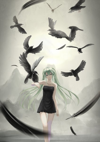 Anime picture 800x1131 with vocaloid hatsune miku bon-da single long hair tall image looking at viewer fringe open mouth twintails bare shoulders holding sky aqua eyes aqua hair bare legs sleeveless mountain girl dress