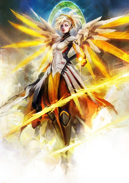 Anime picture 919x1300 with overwatch blizzard entertainment mercy (overwatch) muju single tall image looking at viewer fringe short hair breasts blue eyes blonde hair holding full body ponytail realistic lipstick floating hair glowing flying