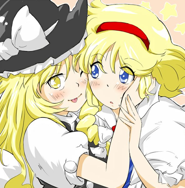 Anime picture 800x812 with touhou kirisame marisa alice margatroid non (z-art) long hair tall image looking at viewer blush fringe blue eyes blonde hair multiple girls yellow eyes looking away one eye closed wink :o short sleeves :p witch