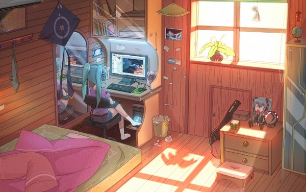 Anime picture 1500x942 with vocaloid hatsune miku hachune miku qys3 single long hair sitting twintails full body indoors sunlight aqua hair no shoes crossed legs drawing basketball girl plant (plants) socks shorts