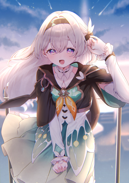 Anime picture 2039x2894 with honkai: star rail honkai (series) firefly (honkai: star rail) nekono moni single long hair tall image looking at viewer blush fringe highres open mouth smile hair between eyes standing purple eyes sky silver hair cloud (clouds) outdoors