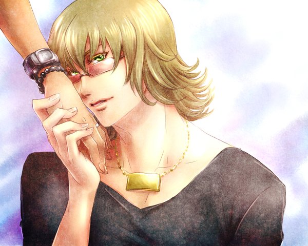 Anime picture 1280x1024 with tiger & bunny sunrise (studio) kaburagi t. kotetsu barnaby brooks jr. v-sil single looking at viewer short hair blonde hair simple background green eyes holding hands boy glasses bracelet pendant ring beads hand