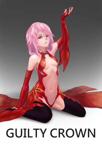 Anime picture 3444x4864 with guilty crown production i.g yuzuriha inori osamu single long hair tall image looking at viewer highres breasts light erotic red eyes sitting pink hair absurdres inscription grey background copyright name center opening girl