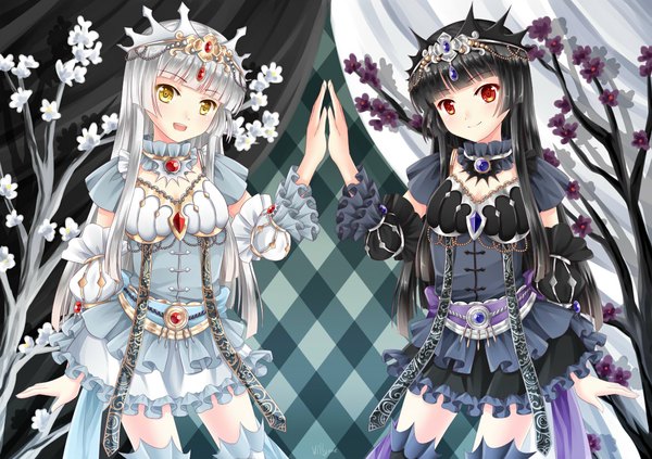 Anime picture 1169x826 with original villyane long hair looking at viewer open mouth black hair smile red eyes multiple girls yellow eyes white hair girl dress hair ornament 2 girls plant (plants) detached sleeves tree (trees) jewelry